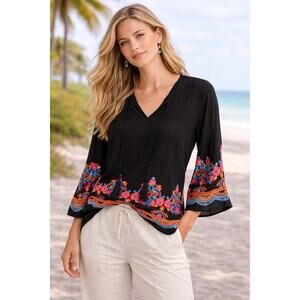 Boutique Black Embroidered Flare Sleeve Shirt Womens size small